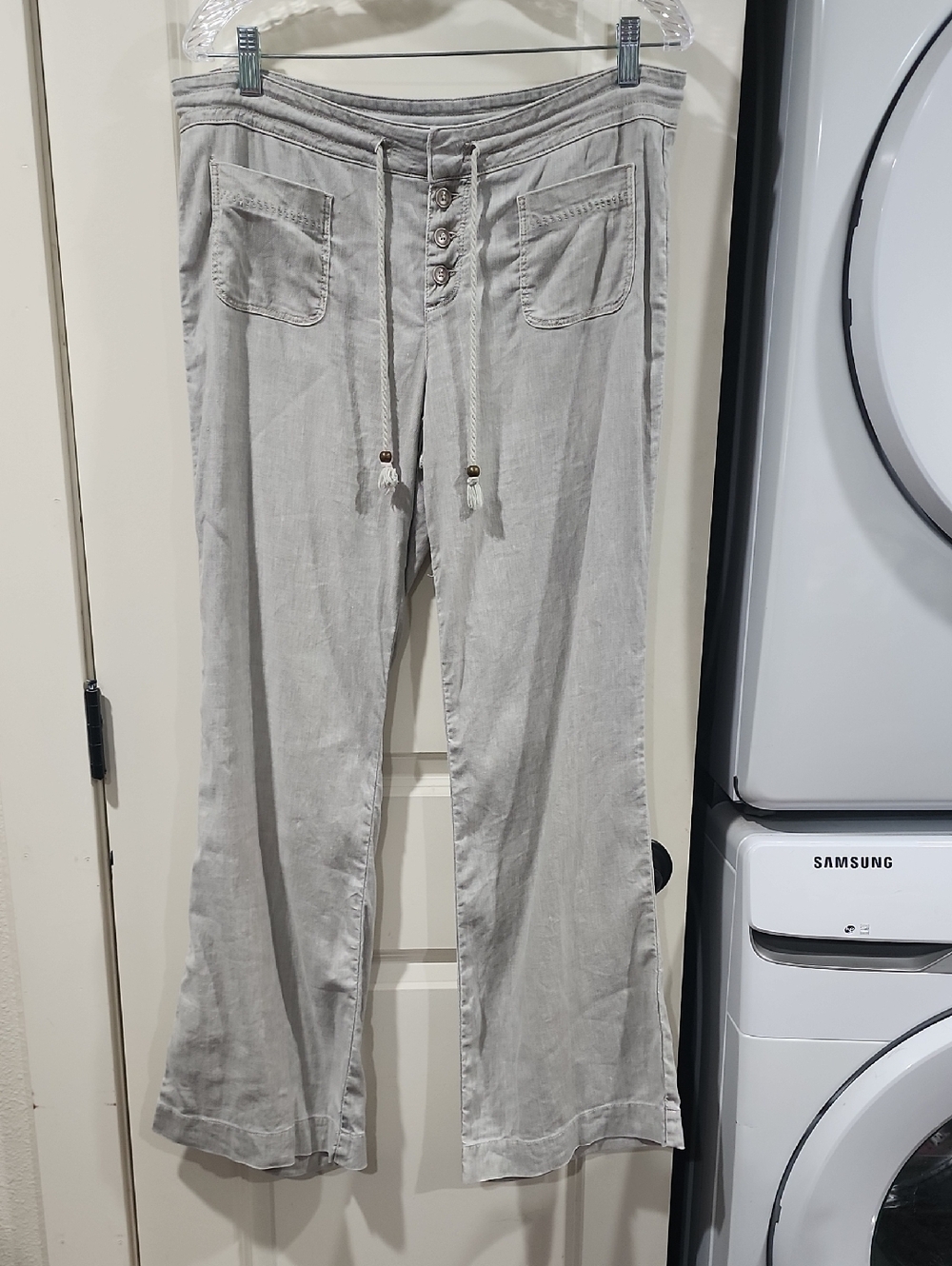 Anthropologie Level 99 Lana Linen Blend Flare Trousers Beige Womens Size 30